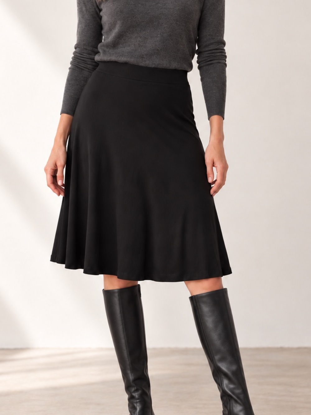Eileen Fisher Black Jersey A-Line Flare Pull-On Skirt Size Large